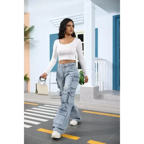 Women’s Baggy Cargo Jeans Cotton High Waist Streetwear Casual Y2K - Picture 4 of 5